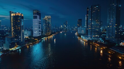 Fototapeta premium Vibrant Cityscape at Night Overlooking a River
