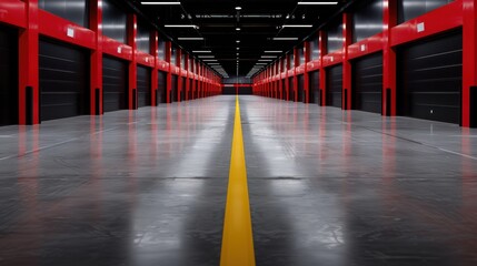 Empty warehouse with red storage units and a central yellow line.