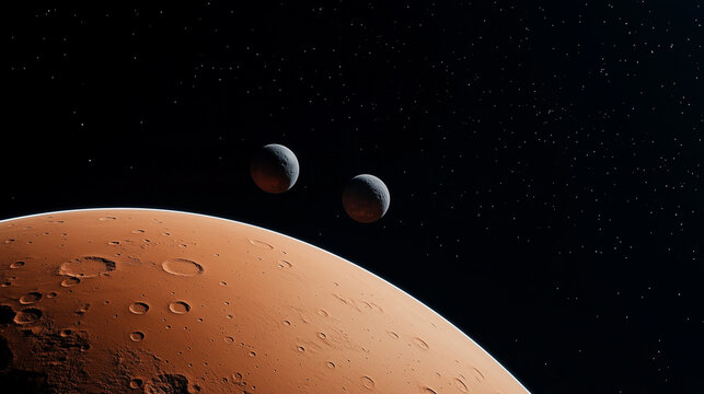 Mars with Its Two Moons Phobos and Deimos in Orbit