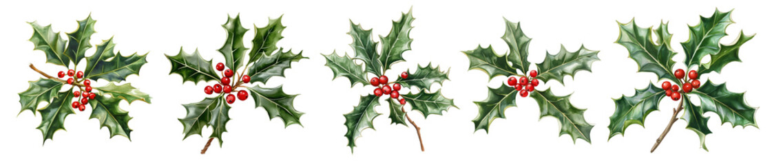 Set of watercolor holly leaves with red berries isolated on transparent background 
