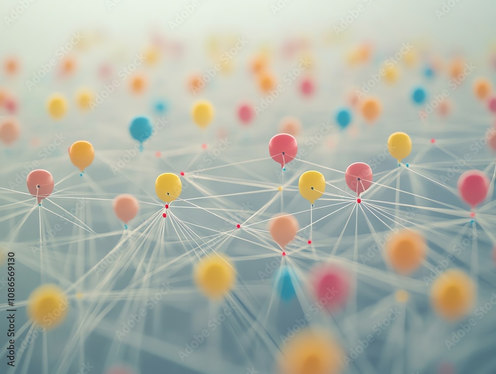 Poster Abstract colorful spheres connected by a network of lines representing connections and relationships.