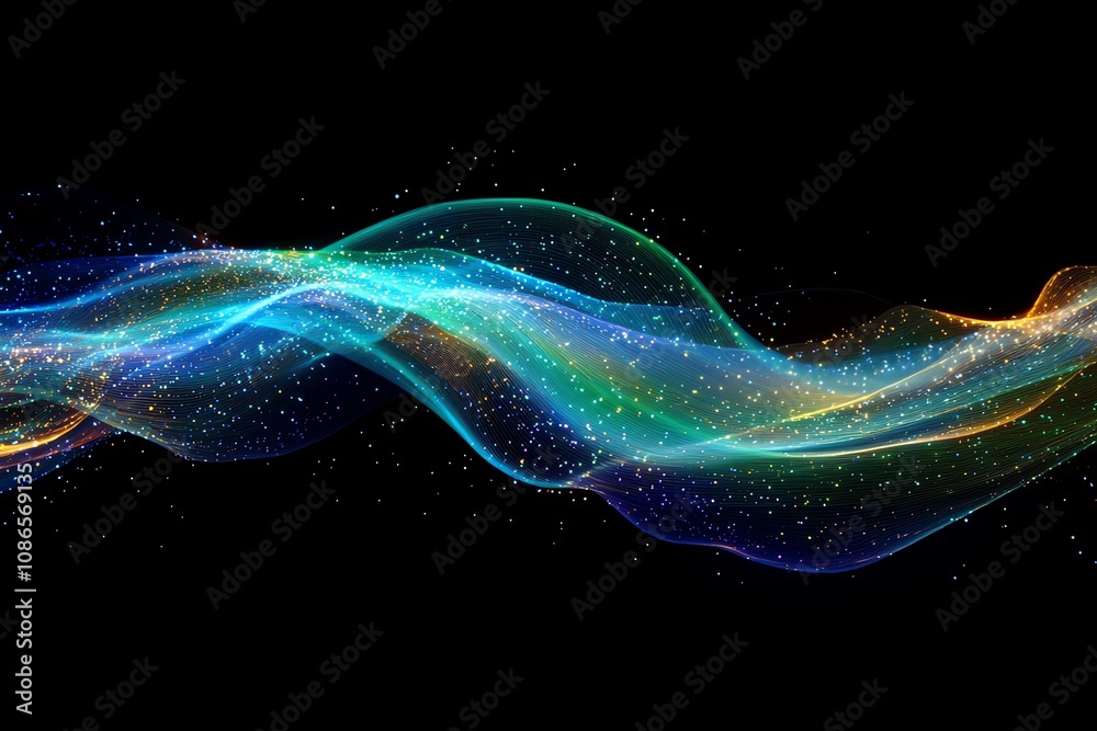 Poster abstract colorful wave of particles on a black background.