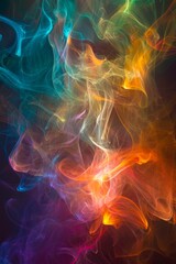 Fototapeta premium Swirling, colorful smoke patterns against a dark background, providing a mysterious and artistic texture for digital overlays. 