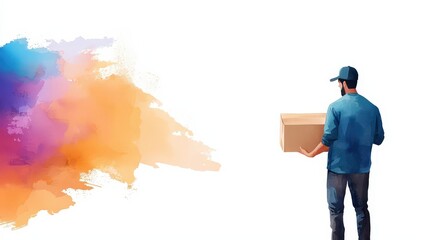 Deliveryman with package, abstract watercolor design, isolated on white background