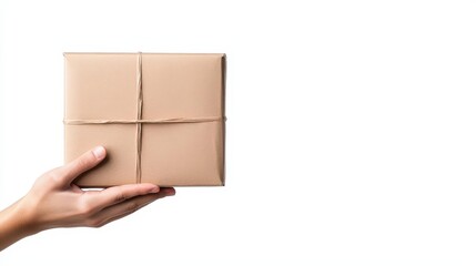 Hands delivering a package, ultrarealistic photography, isolated on white background