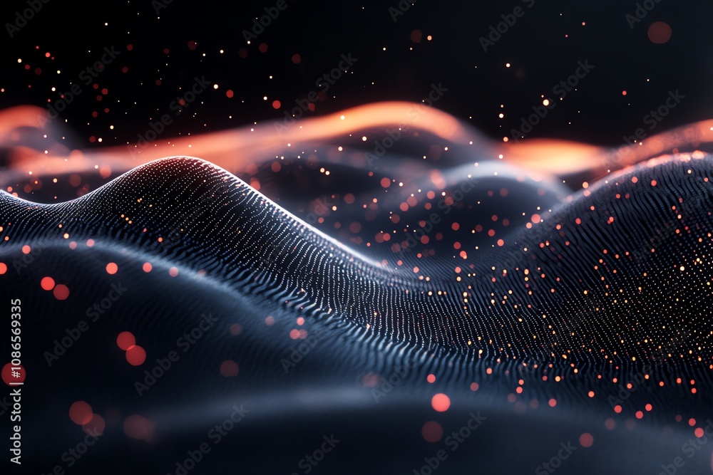 Poster abstract dark background with glowing particles and a wavy surface.