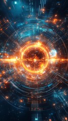 Abstract digital art with bright glowing rings and lines in blue and orange tones.