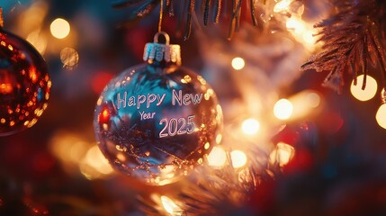 Sparkling Christmas Ornament with Happy New Year 2025 Message Displayed on a Festive Tree Amidst Twinkling Lights for Holiday Celebrations and Decorations