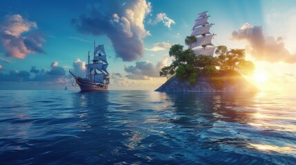 Obraz premium Serene Voyage with Sailing Ship and Tropical Island