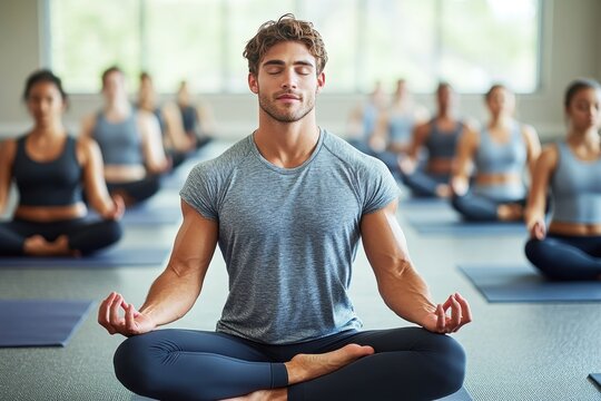 Male yoga instructor in athletic wear leading a meditation session for a group of students in a serene studio