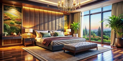 Fototapeta premium Modern Bedroom Interior Design Poster, Elegant Blurred Background, Luxurious Home Decor