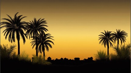 Silhouette of palm trees against a sunset gradient background.