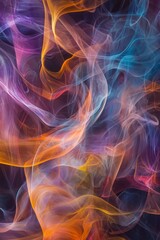 Fototapeta premium Swirling, colorful smoke patterns against a dark background, providing a mysterious and artistic texture for digital overlays. 