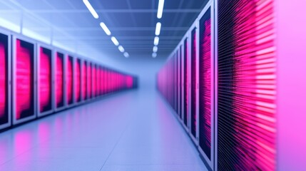 Futuristic Data Center with Pink and Purple LED Lighting and Rows of High-Tech Server Racks in a Modern IT Environment