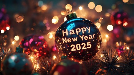 Elegant and Festive Christmas Ornament with Golden Text Celebrating New Year 2025 Surrounded by Blurred Glittering Lights and Colorful Decorations