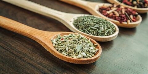 Dried Herbs Displayed in Wooden Spoons on a Rustic Background