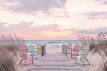 Colorful beach chairs line a wooden dock overlooking the ocean at sunset in a serene coastal location