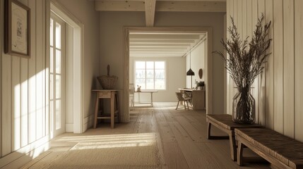 Scandinavian farmhouse hall with a mockup wall, designed for a rustic clean look.