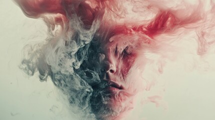 Fototapeta premium Artistic representation of a woman’s face blending with colorful smoke patterns during a creative photo shoot in a studio setting