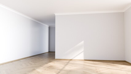 spacious, empty room featuring a light wooden floor and white walls. Natural light streams in from a window, highlighting the simplicity and potential of the space