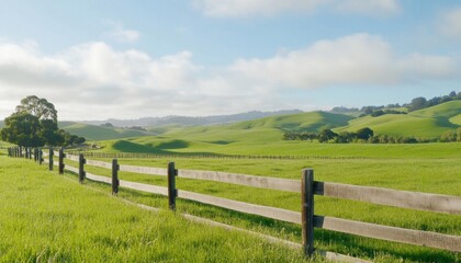 Serene green hills with wooden fence under a clear blue sky in the countryside at midday