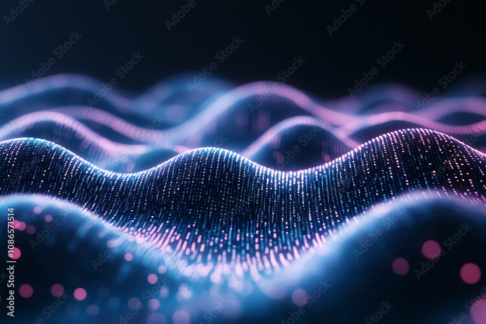 Poster Abstract digital wave pattern with pink and blue glowing particles.