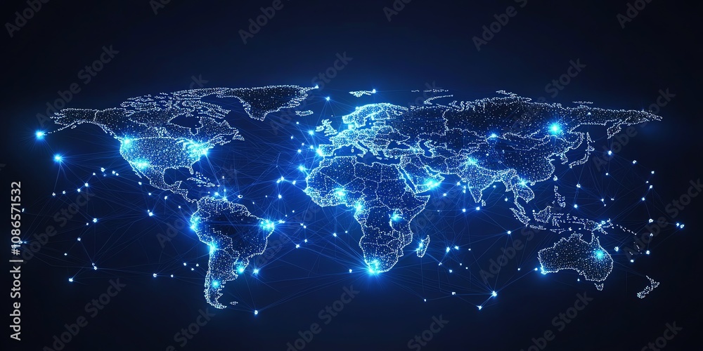 Poster abstract digital world map with glowing lines connecting continents.