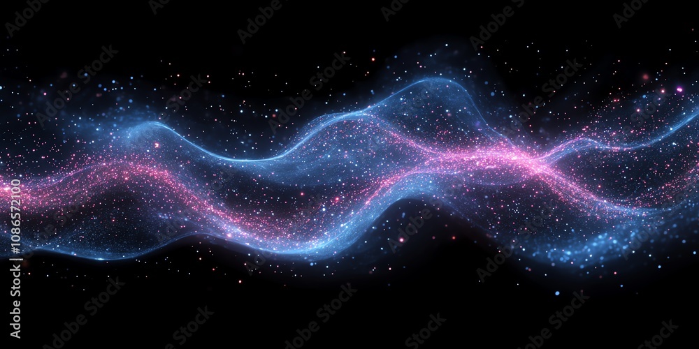 Poster abstract glowing blue and pink wave with sparkling particles on black background.