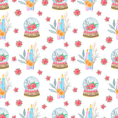 Christmas and New Year seamless pattern: snow globe, candle, winter bouquet on white. Winter watercolor background for wrapping, paper, textile print, presents, cards, festive decoration design