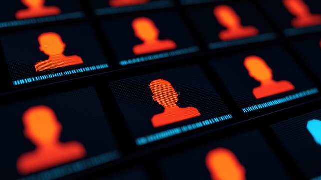 Abstract Representation of Digital Identity with Silhouetted Faces in Red and Black on Screens, Symbolizing Modern Technology and Online Presence - Powered by Adobe