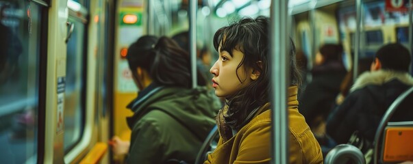Obraz premium Woman gazing out window on a crowded city subway train.