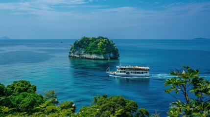 Naklejka premium Scenic Coastal View with Boat Near Island
