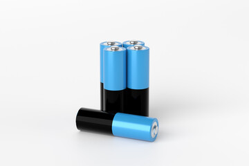 Five blue and black aa batteries standing and lying on white background