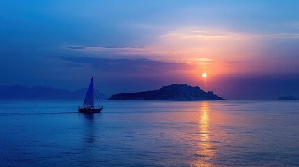 Naklejka premium Serene Sunset over Island with Sailing Boat