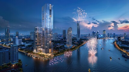 Fototapeta premium Stunning Cityscape with Fireworks Over River at Dusk