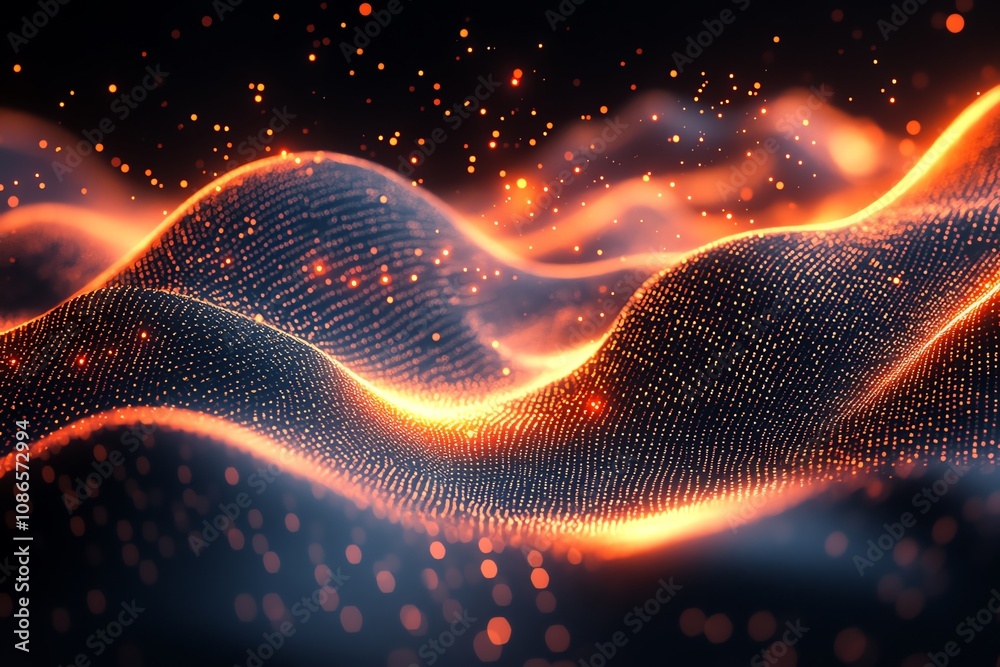 Poster Abstract glowing wave with particles and bokeh effect.