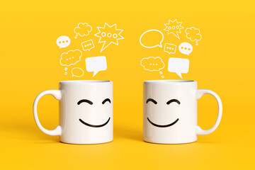 Two white mugs exchanging speech and thought bubbles on yellow background