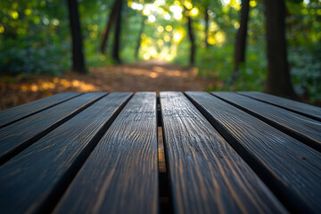 Obraz premium empty wooden table top on abstract blurred forest background