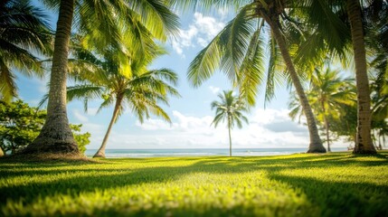 Obraz premium Sunny beach landscape with palm trees, green grass, and ocean view on a clear day