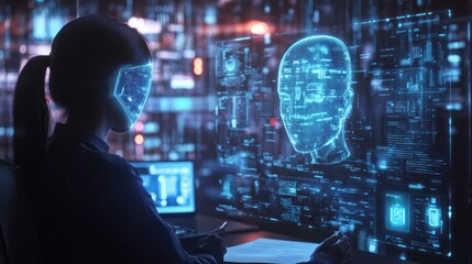 3D model of AI working with insurance agents with protective shields floating above digital documents