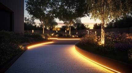 Serene Garden Pathway with Warm White LED Strip Lighting at Sunset