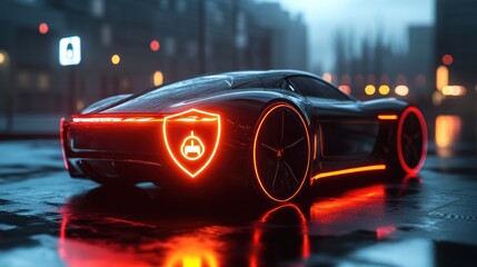 3D rendering of a sleek car protected by a glowing shield symbolizing car insurance