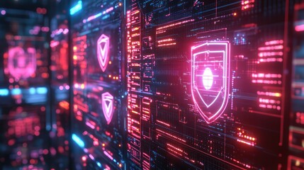 3D rendering of AI computer calculating insurance with high precision surrounded by shields and coverage graphs