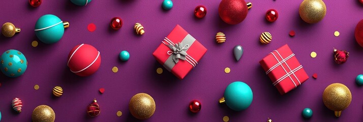 Festive icons scattered on a Plum Purple background  in Cherry Red, Bright Gold, and Teal Blue with Charcoal Gray shadows and Light Gray emboss  accents,