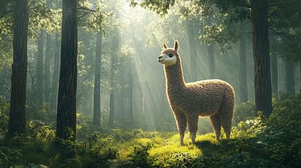 Obraz premium Alpaca Standing in a Misty Forest