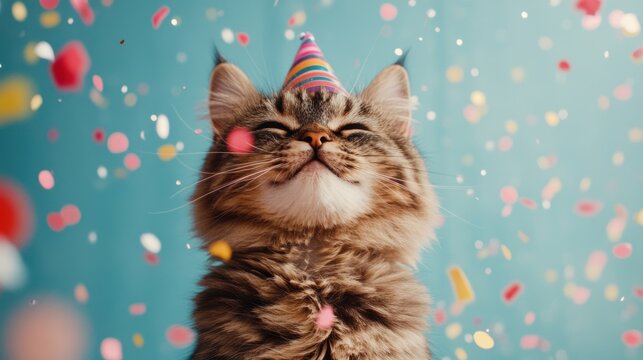 A playful cat wearing a party hat celebrates with colorful confetti in a cheerful indoor setting during a festive occasion