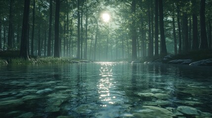 Fototapeta premium A forest with clear water flowing through tall trees and moonlight reflecting on the water's surface