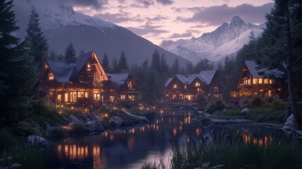 Fototapeta premium Serene Mountain Cabins at Dusk by Tranquil Lake