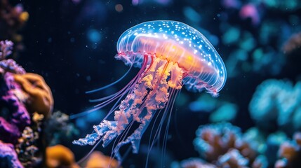 Fototapeta premium A glowing, translucent jellyfish with tendrils that sparkle in the deep, dark waters, illuminating the surrounding coral reefs