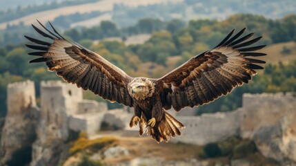 A griffon with eagle wings and a lion's body. Soaring over the ancient fortress